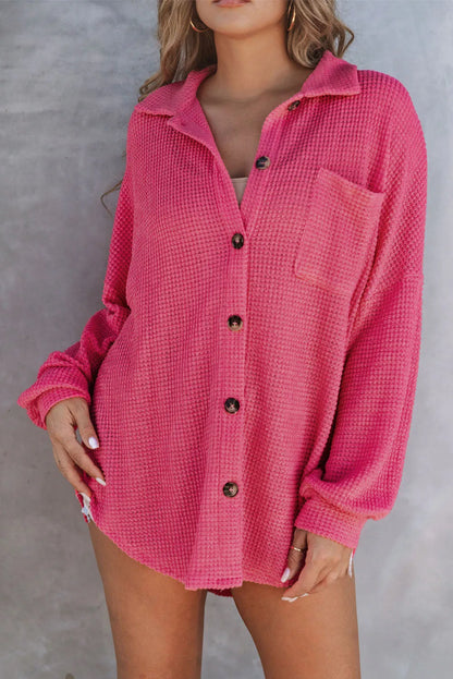 Pink Waffle Knit Button Up Casual Shirt - Chic Meadow Boutique 