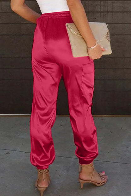 Rose Satin Pocketed Drawstring Elastic Waist Pants - Chic Meadow Boutique 