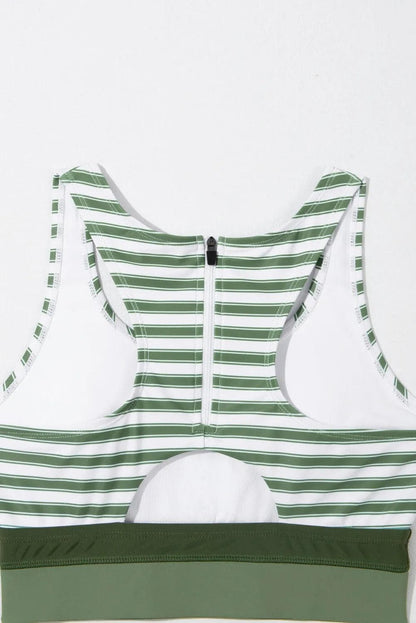 Swimwear/High Waisted Swimsuit White Stripe Zipped Cut out Racer Back High Waisted Bikini