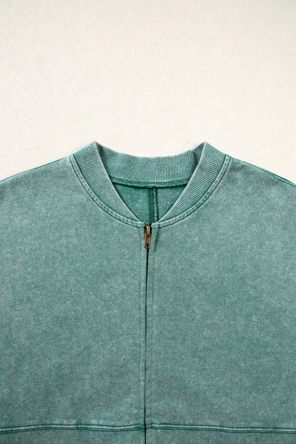 Evergreen Mineral Washed Zip Open-Front Jacket Style Cotton Sweatshirt