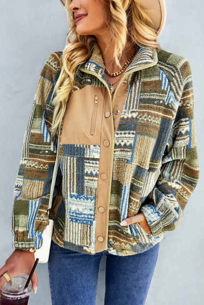 Khaki Western Colorblock Snap Buttoned Sherpa Jacket - Chic Meadow Boutique 