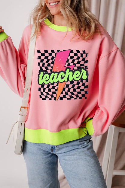 Pink Teacher Lightning Checkered Print Color Block Sweatshirt - Chic Meadow Boutique 