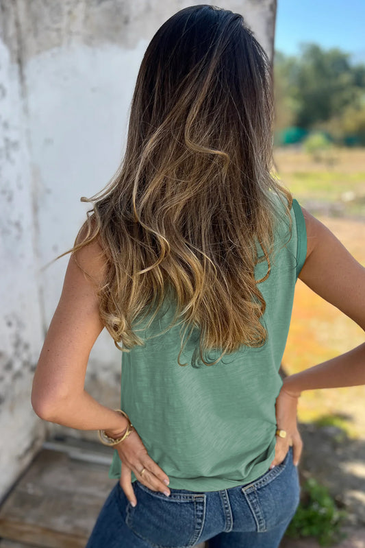 Mist Green Metallic Sheen Edge Scoop Neck Tank Top