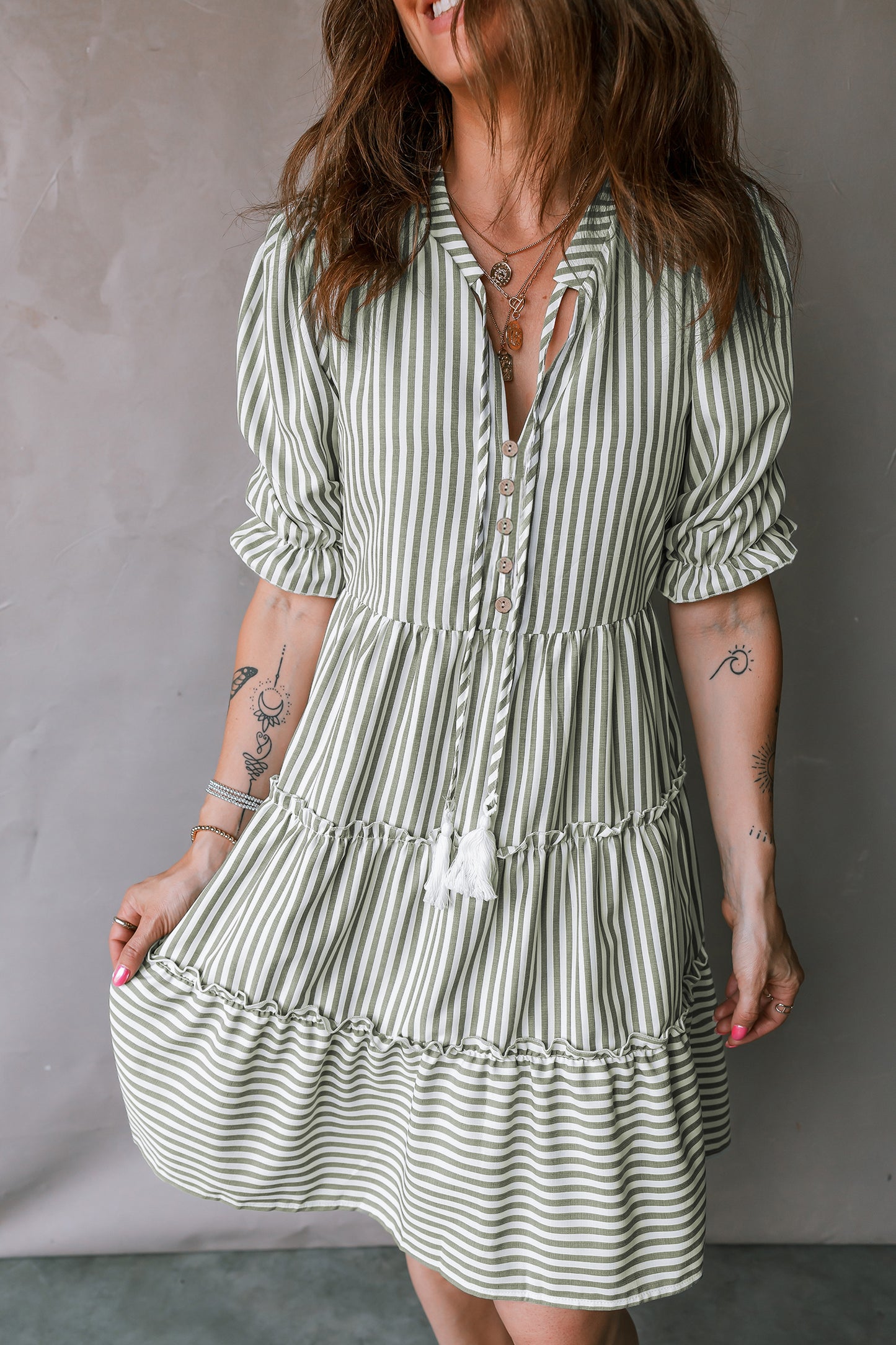 Green Stripe Tasseled Tie Neck Ruffled Short Sleeve Tiered Flattering Dress