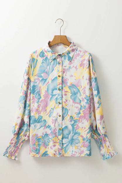 Yellow Floral Allover Print Shirred Cuff Oversized Shirt - Chic Meadow Boutique 