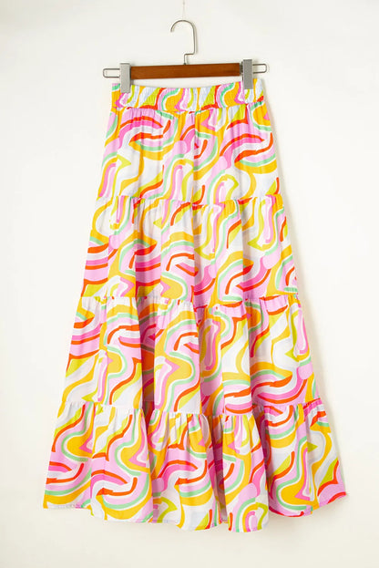 Pink Abstract Print Tiered Flowy Maxi Skirt - Chic Meadow Boutique 