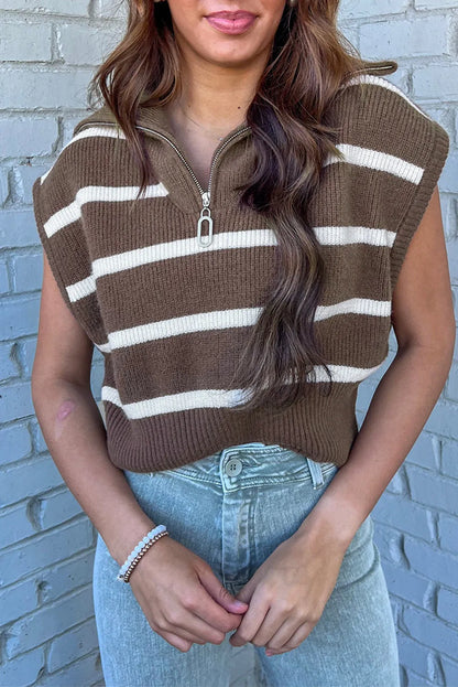 Brown Stripe Zipped Collar Cap Sleeve Knit Top - Chic Meadow Boutique 