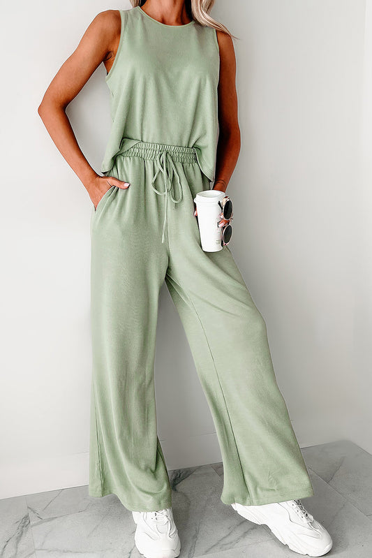 Smoke Green Textured Tank Top and Drawstring High Waist Pants Set