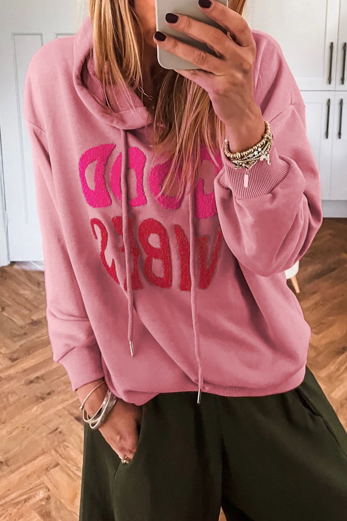 Gossamer Pink GOOD VIBES Chenille Letter Graphic Casual Hoodie