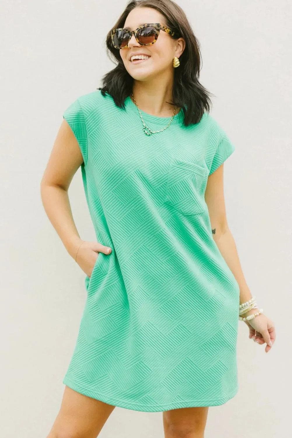 Mint Green Textured Cap Sleeve T Shirt Dress - Chic Meadow Boutique 