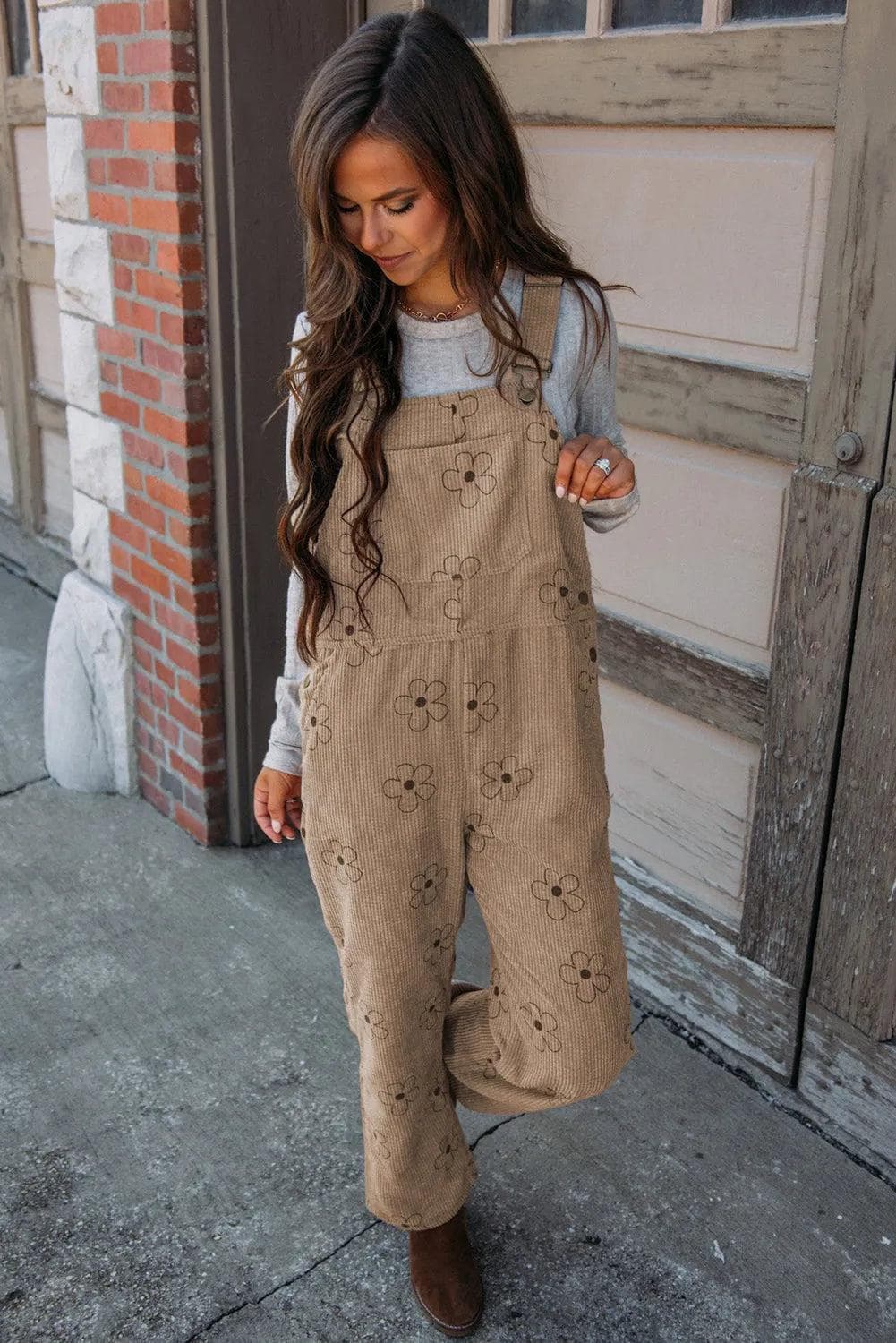 Bottoms/Jumpsuits & Rompers Khaki Flower Print Corduroy Overalls