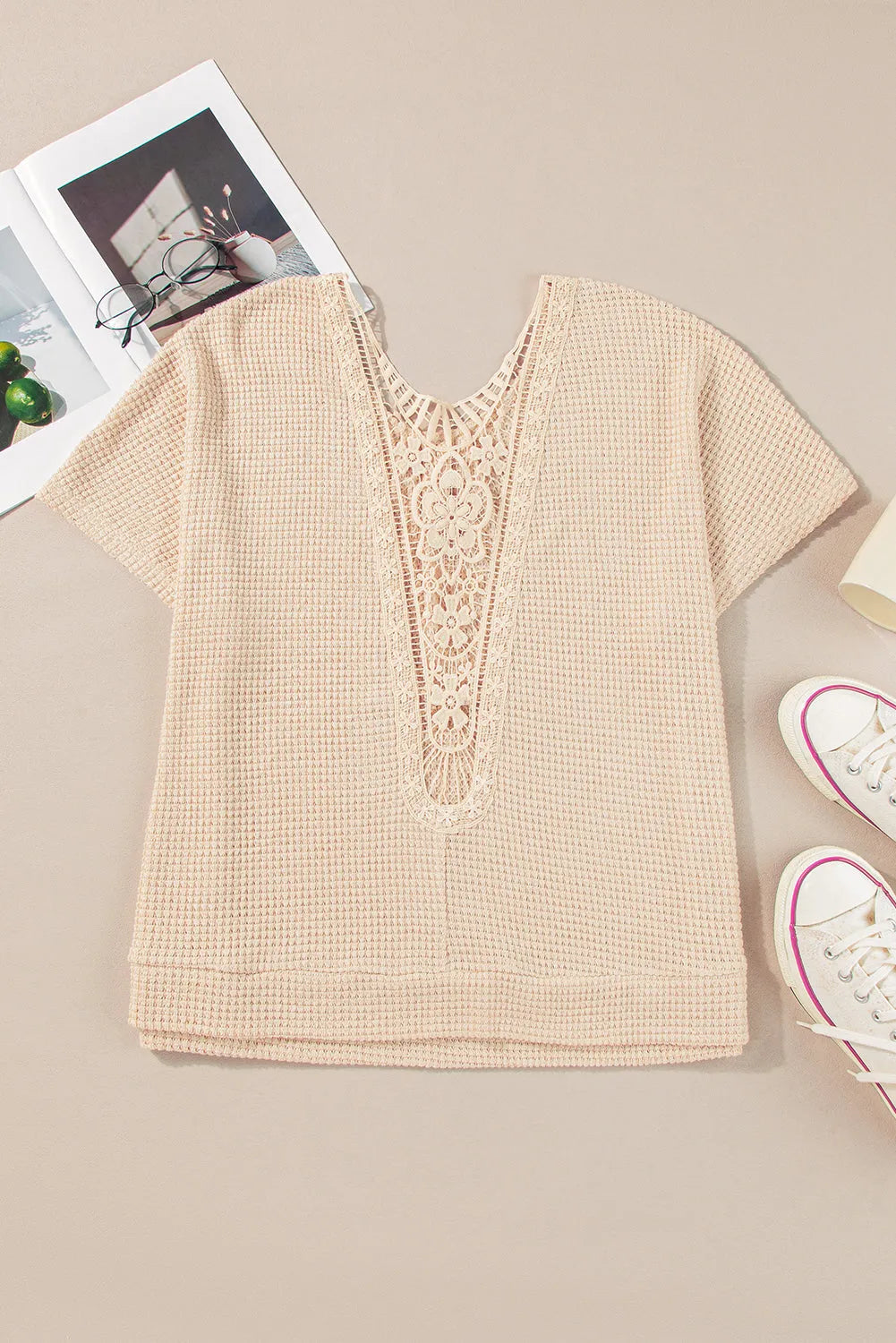 Beige Guipure Lace Insert Textured Plus Size Tee - Chic Meadow Boutique 