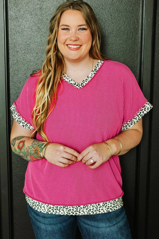 Rose Red Leopard Trim V Neck Short Sleeve Plus Size Corded Top - Chic Meadow Boutique 