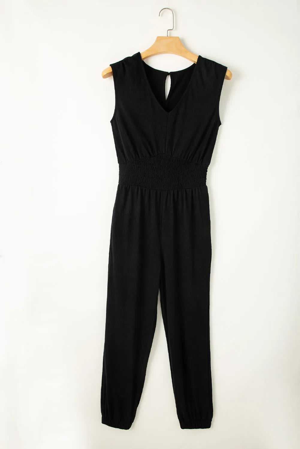 Black Shirred High Waist Sleeveless V Neck Jumpsuit - Chic Meadow Boutique 