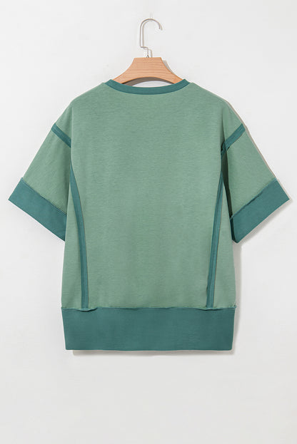 Smoke Green Half Sleeve Raw Seam High Low Side Split Top