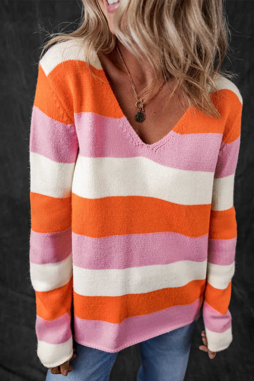 Orange Stripe Colorblock V Neck Casual Sweater - Chic Meadow Boutique 