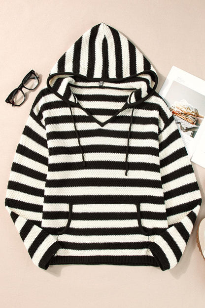 Sweaters & Cardigans/Sweaters White Stripe V Neck Pocketed Drawstring Hooded Sweater