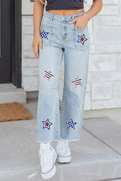 Beau Blue Patriotic Sequin Star Pattern Jeans