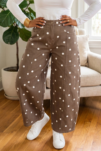 Brown Tailored Seam Polka Dot Print Barrel Casual Jeans