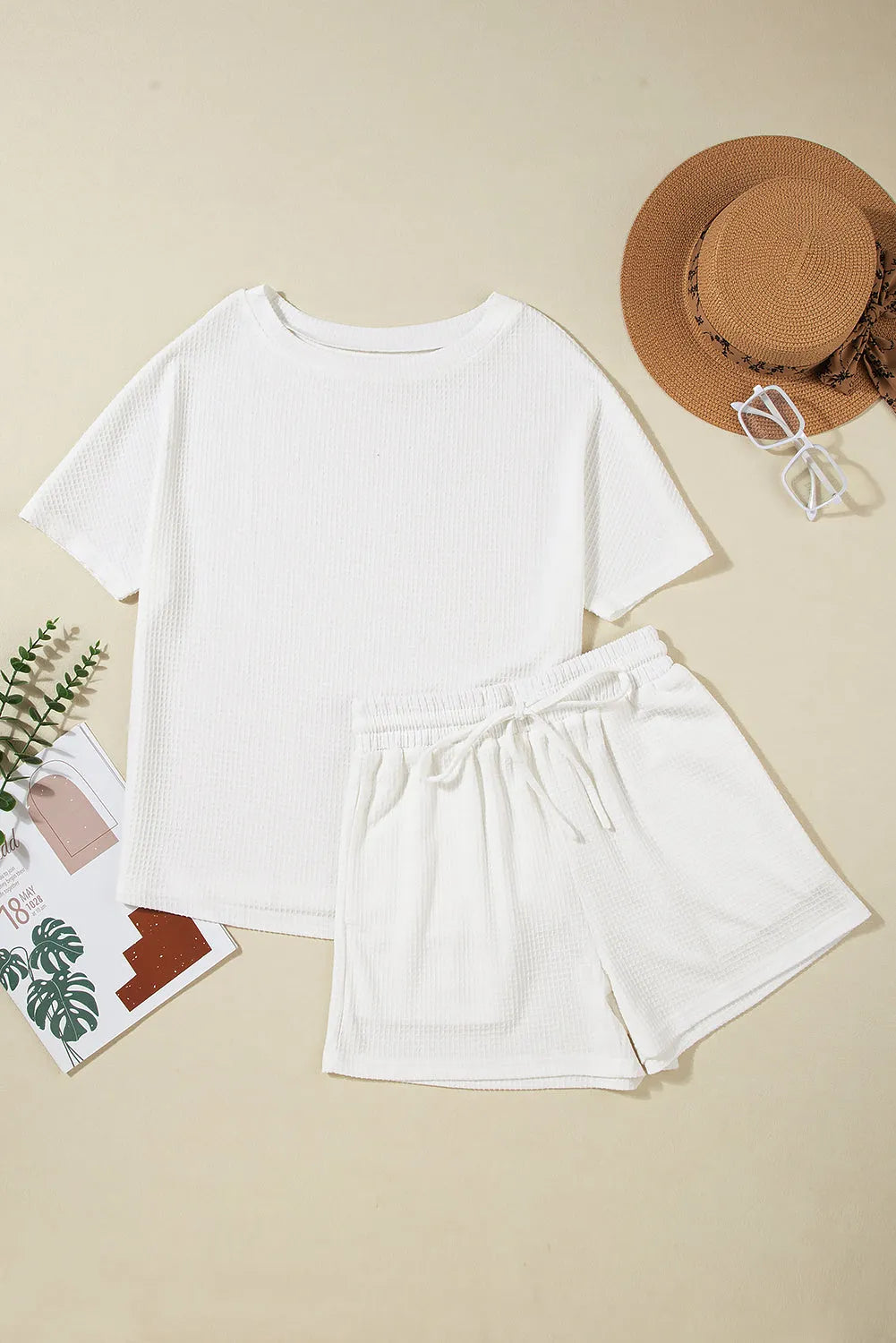 White Casual Textured Tee and Drawstring Shorts Set - Chic Meadow Boutique 