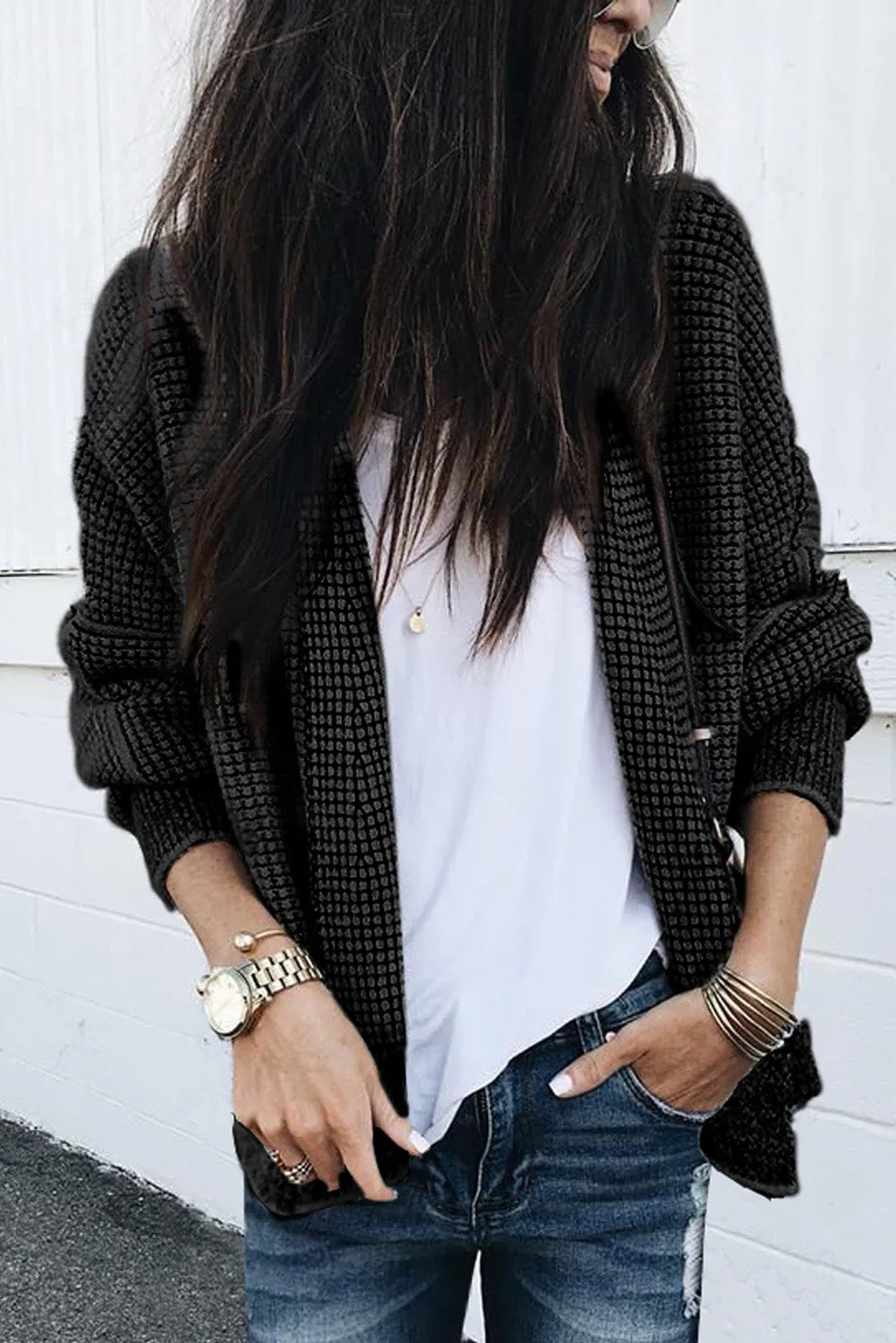 Black Plaid Contrast Trim Open Front Cardigan - Chic Meadow Boutique 