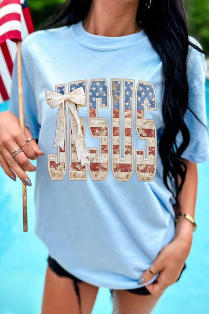 Light Blue Patriotic JESUS Letter Print Shift T Shirt