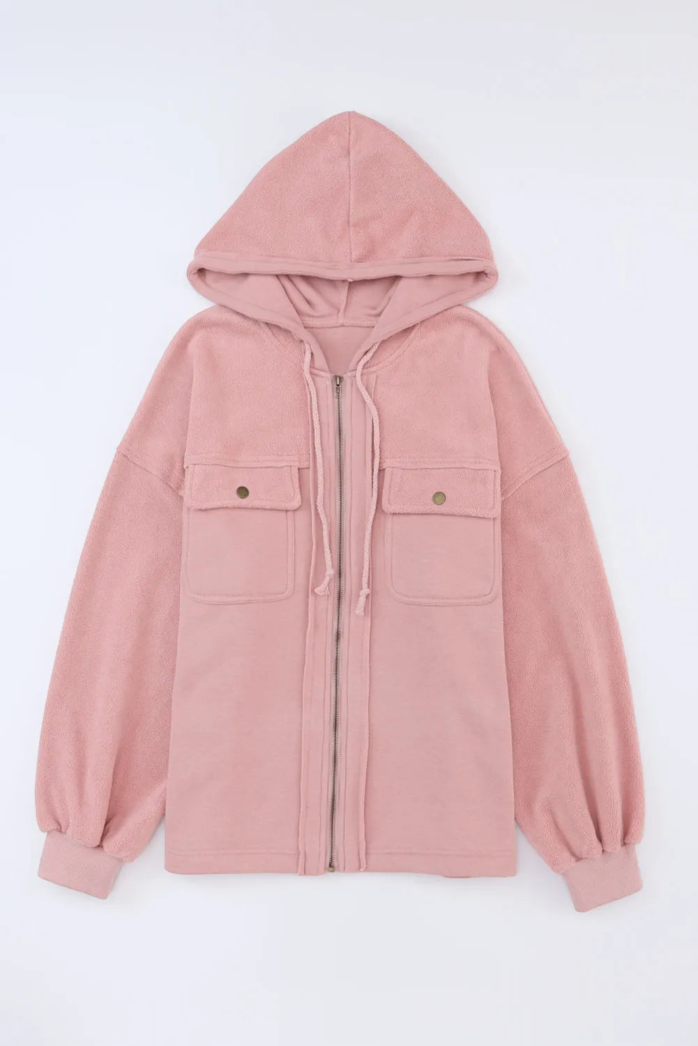 Pink Flap Pocket Drawstring Hood Zip Up Jacket - Chic Meadow Boutique 