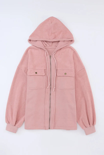 Pink Flap Pocket Drawstring Hood Zip Up Jacket - Chic Meadow Boutique 