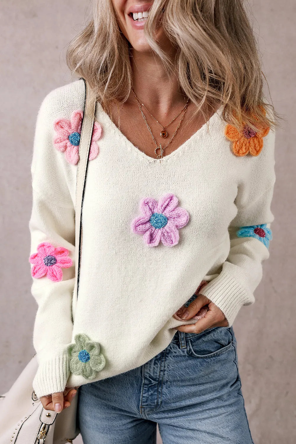 White Crochet Flower V Neck Sweater - Chic Meadow Boutique 