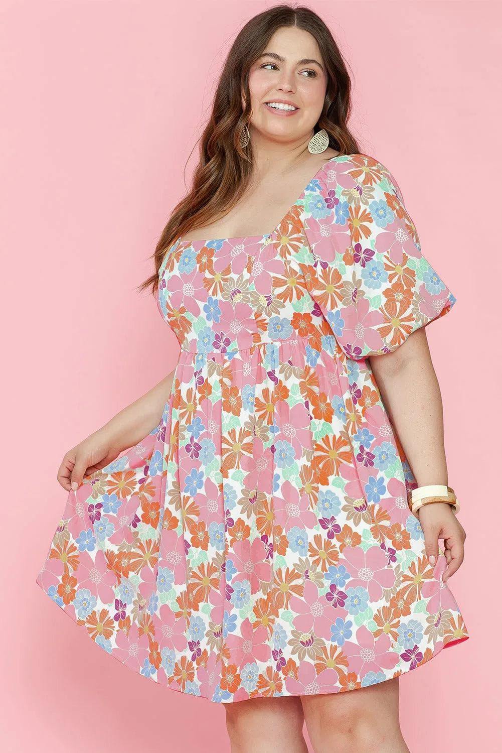 Plus Size/Plus Size Dresses/Plus Size Mini Dresses Multicolour Floral Puff Sleeve Square Neck Plus Babydoll Dress