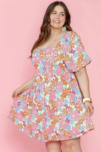 Plus Size/Plus Size Dresses/Plus Size Mini Dresses Multicolour Floral Puff Sleeve Square Neck Plus Babydoll Dress