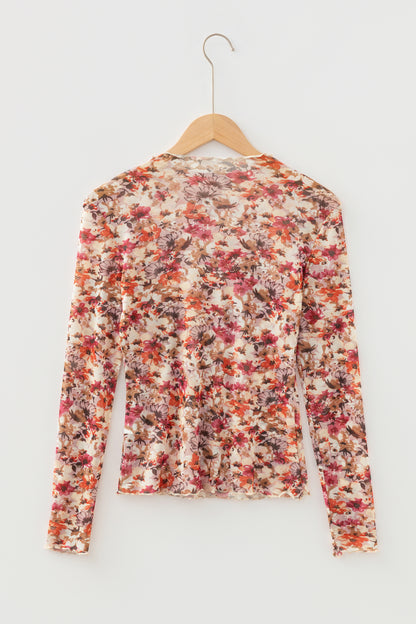 Red Lettuce Trim Floral Print Mesh Long Sleeve Top