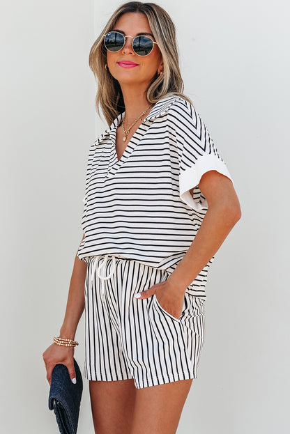 Black Stripe V Neck Tee and Casual Short Set
