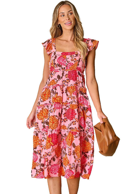 Pink Floral Square Neck Ruffled Flutter Sleeve Tiered Midi Dress - Chic Meadow Boutique 