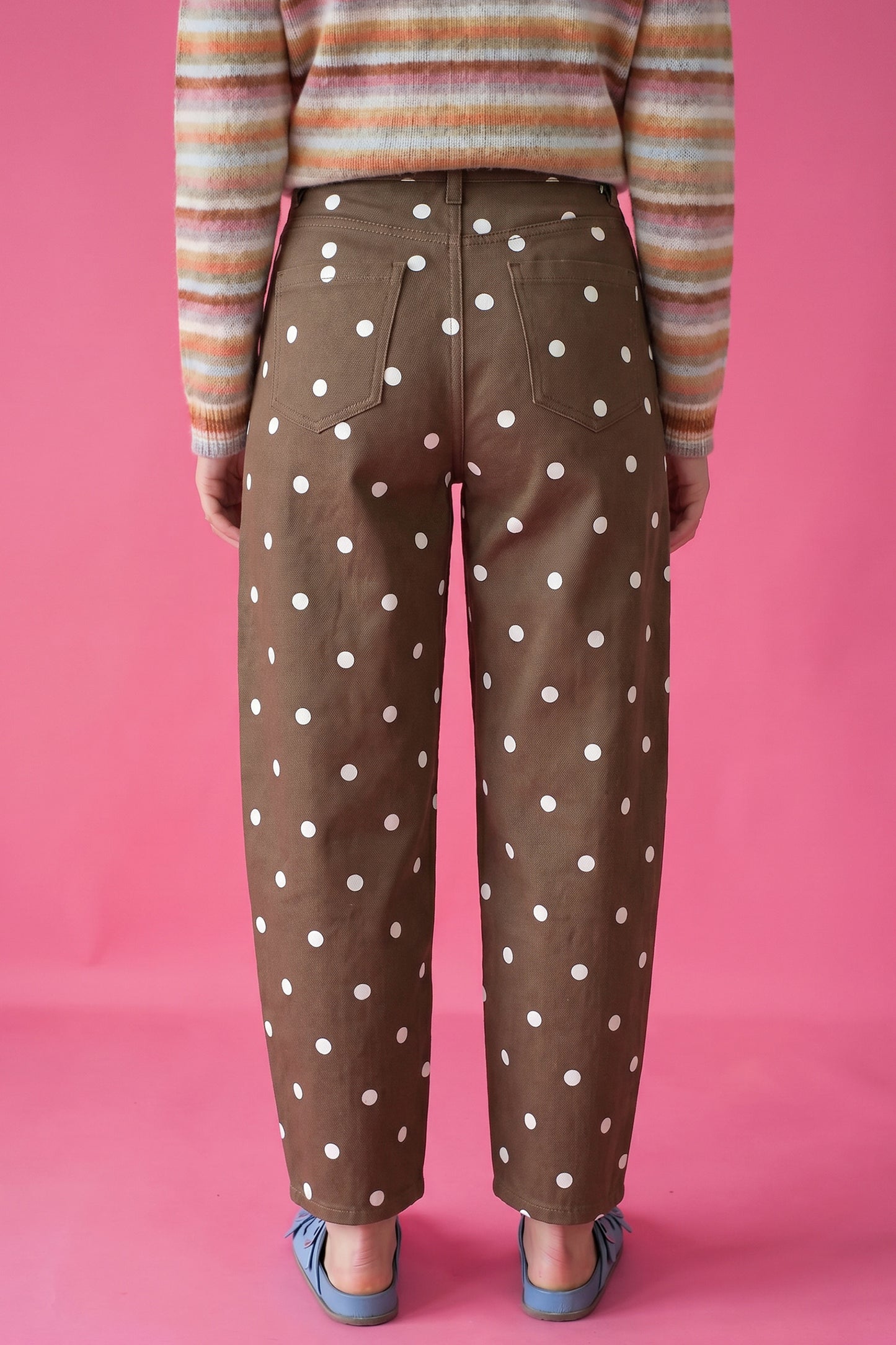 Brown Tailored Seam Polka Dot Print Barrel Casual Jeans