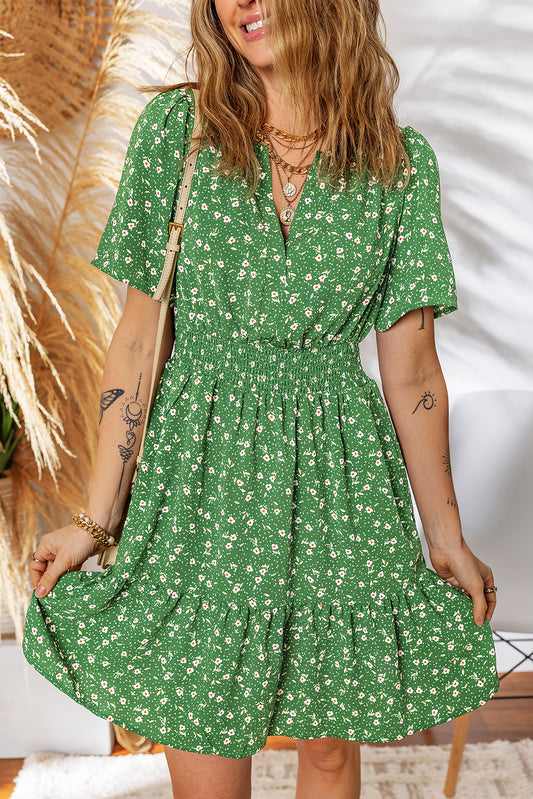 Green Floral Print Wrap V Neck Short Sleeve High Waistband Mini Dress