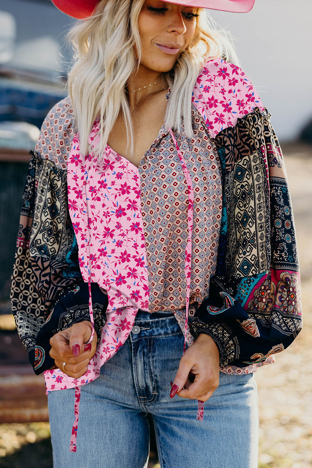Pink Boho Mixed Floral Drop Shoulder Bubble Sleeve Blouse