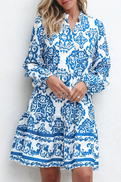 Sky Blue Tribal Print Button Up Notch Neck Loose Mini Dress - Chic Meadow Boutique 