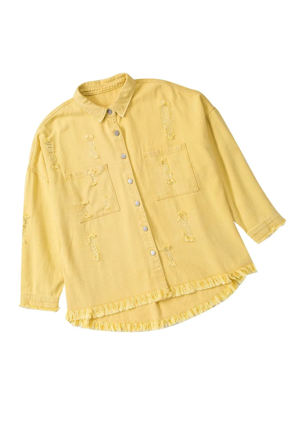 Yellow Distressed Fringe Trim Denim Jacket - Chic Meadow Boutique 