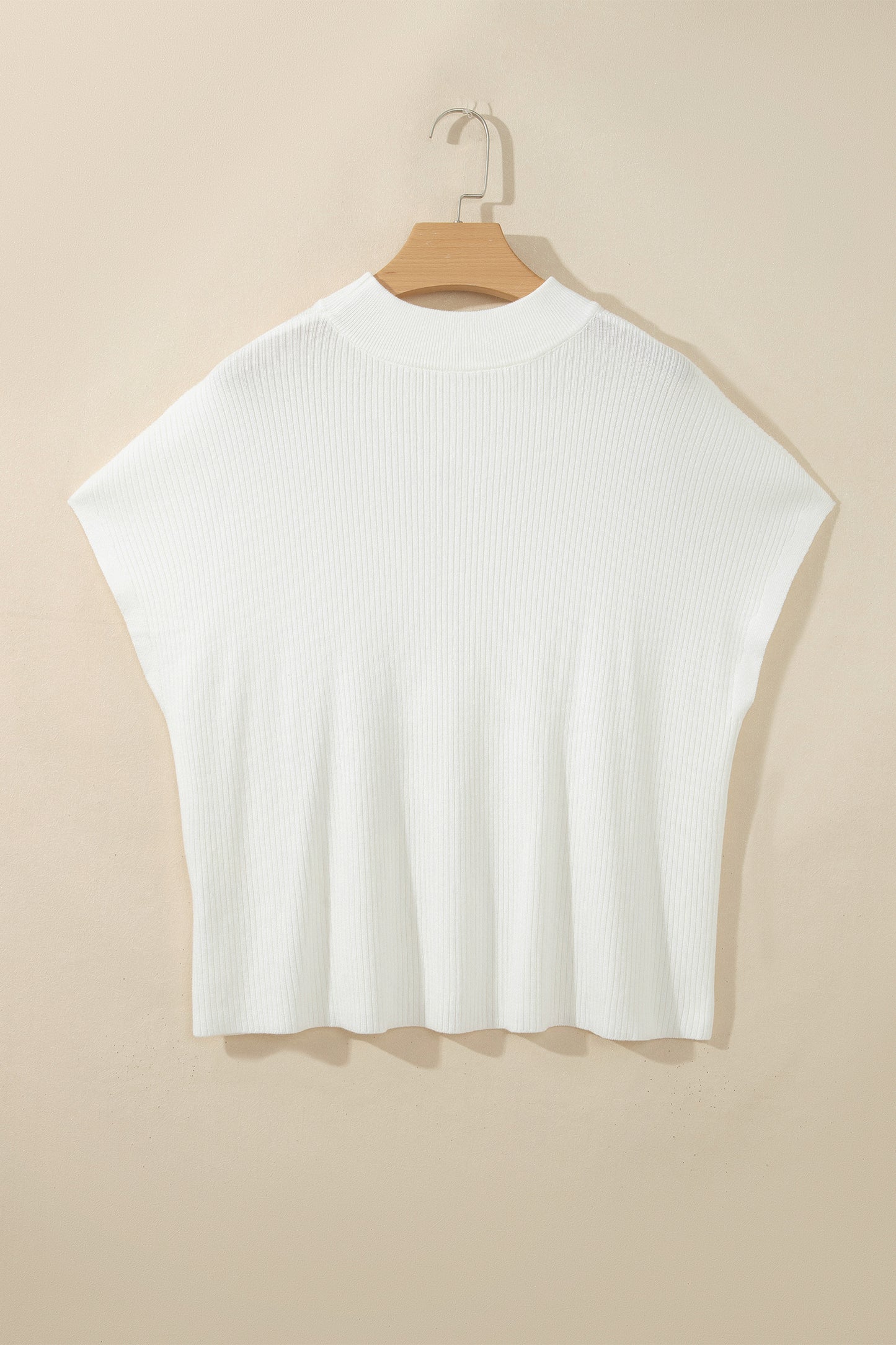 White Solid Color Ribbed Knit Mock Neck Loose Short Sleeve Sweater