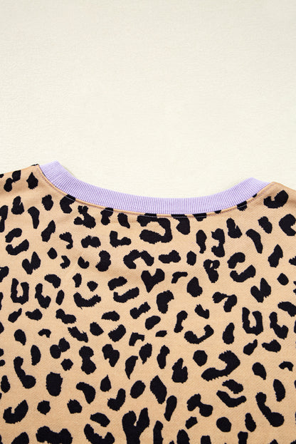 Purple Stripe Color Block Patchwork Leopard Casual Sweatshirt with Slits