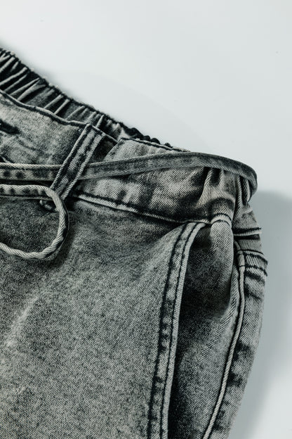Gray Acid Wash Barrel Fit Denim Pants with Waist String