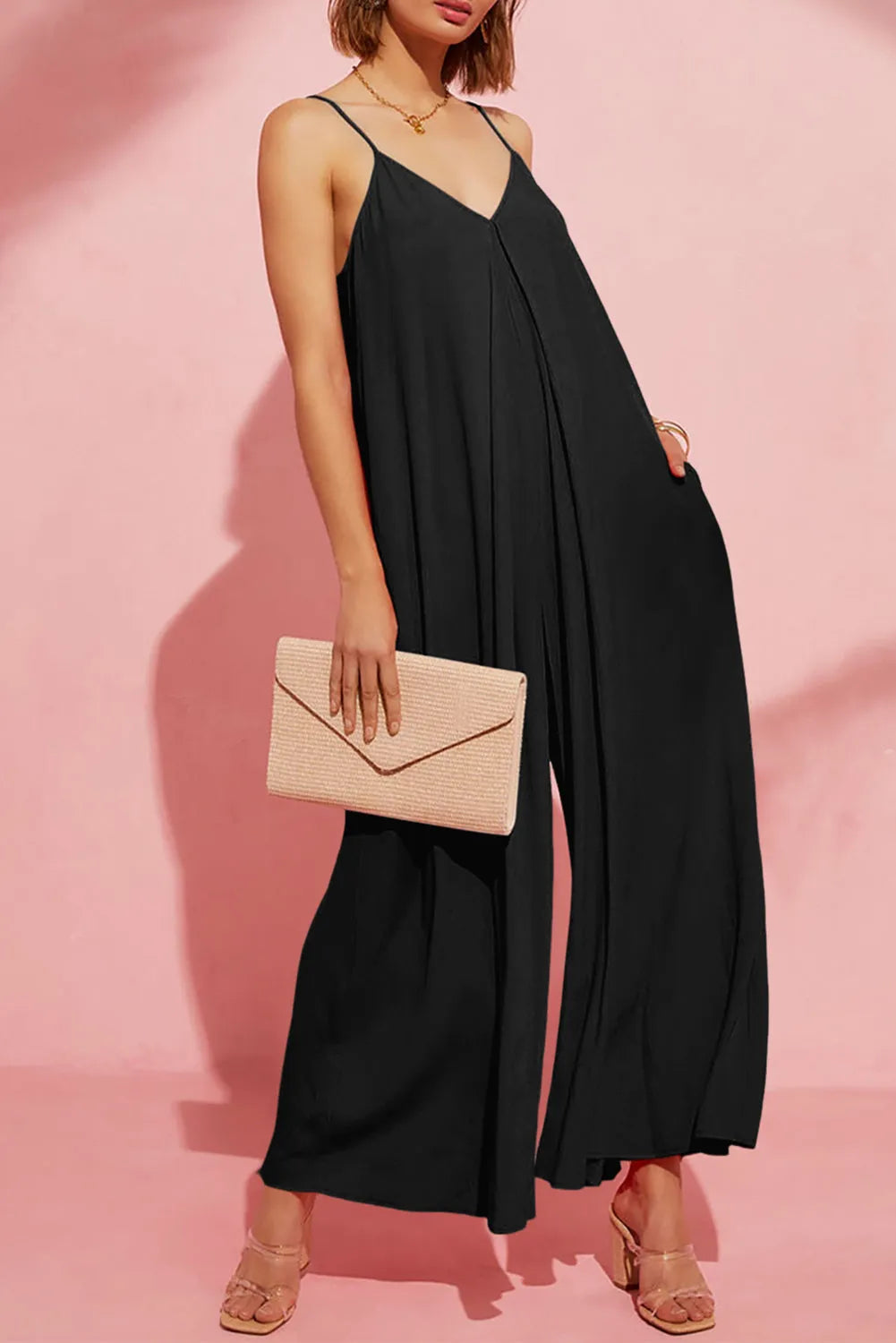 Black Adjustable Knotted Spaghetti Straps Wide Leg Jumpsuit - Chic Meadow Boutique 