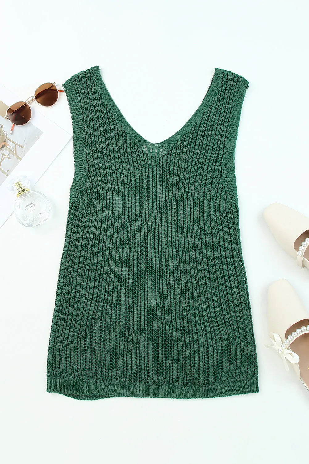 Green Hollowed Knit V Neck Tank Top - Chic Meadow Boutique 