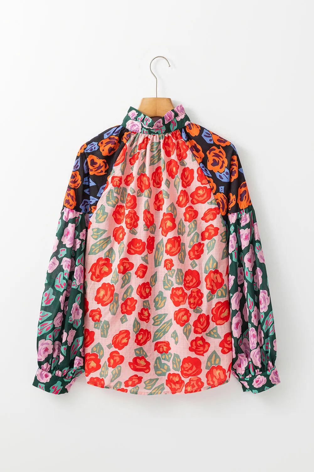 Red Colorblock Floral Printed Puff Sleeve Shirt - Chic Meadow Boutique 