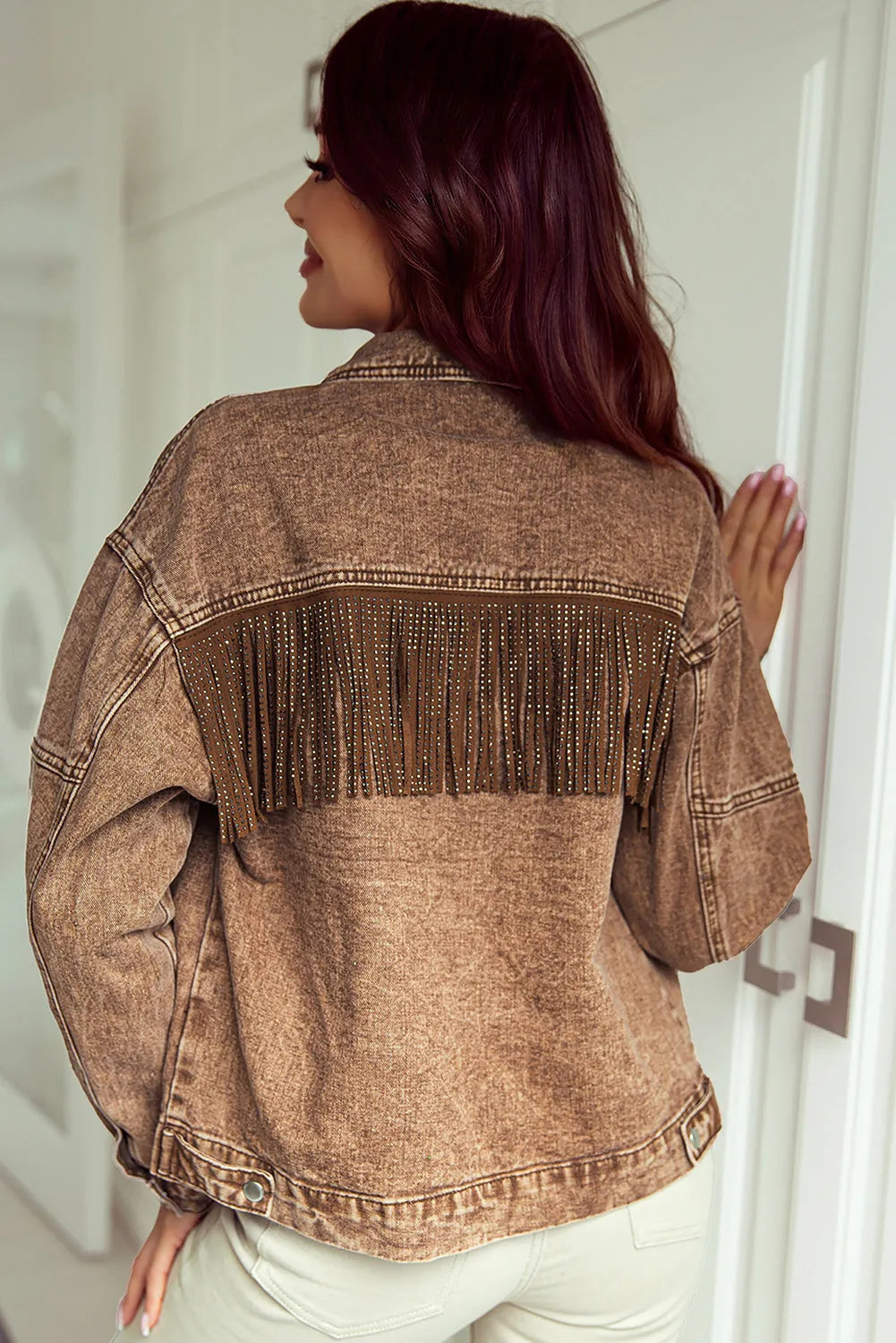 Brown Rhinestone Fringed Cowgirl Fashion Denim Jacket - Chic Meadow Boutique 