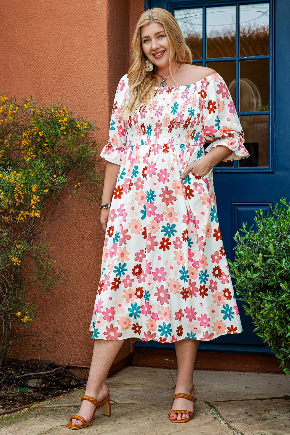 White Plus Size Flower Print Smocked Off Shoulder Dress - Chic Meadow Boutique 