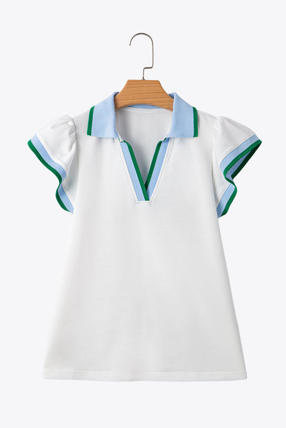 White Color Contrast Ruffled Sleeve Collared V Neck Blouse