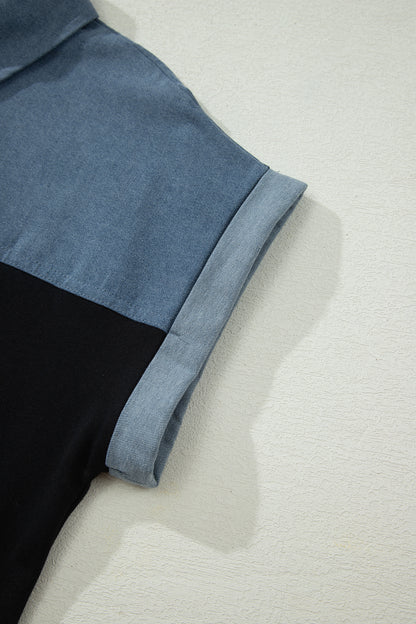 Black Color Block Denim Patchwork Button Polo Collar Short Sleeve Top