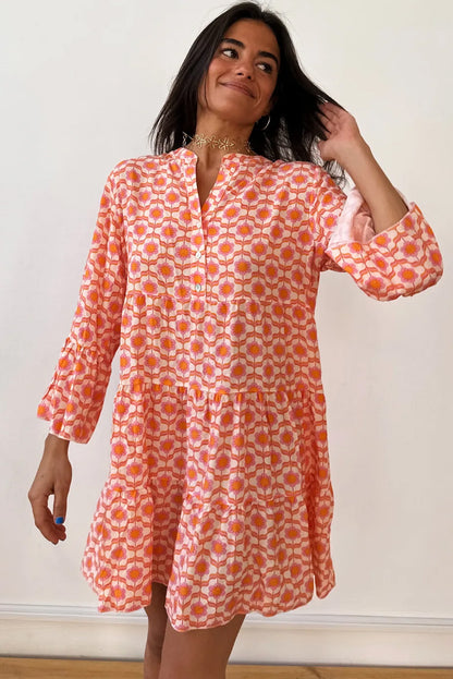 Orange Floral Print Flounce Sleeve Buttoned Front Mini Dress